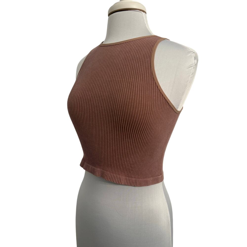 One Step Up Womens S/M Y2K Athleisure Ribbed Cropped Racerback Pinkโ Tank Top